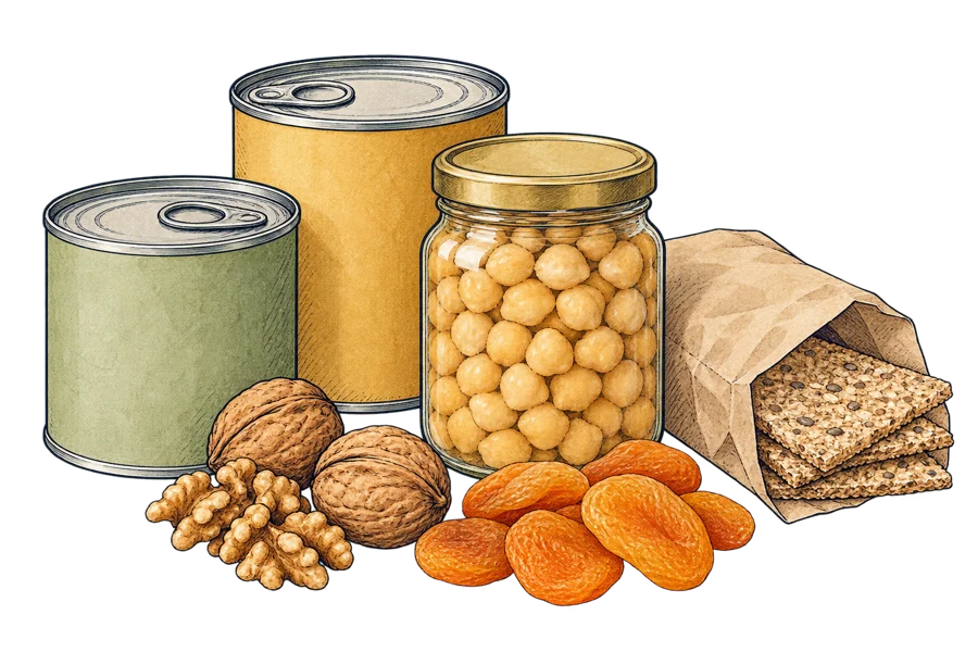 Strichzeichnung von Konserven, Knäckebrot, Nüssen und Trockenfrüchten