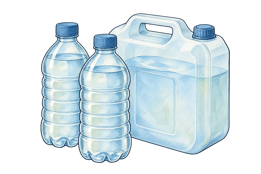 Strichzeichnung von Wasserflaschen und einem Wasserkanister